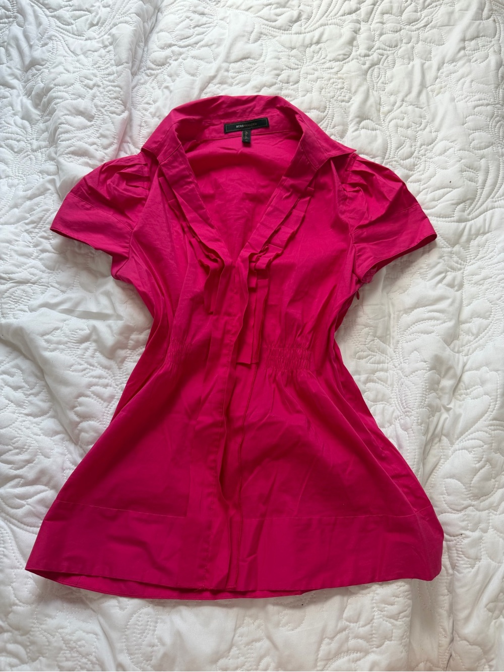 BCBGMAXAZRIA Women's Pink Ruffle-Trim Short Sleeve Blouse